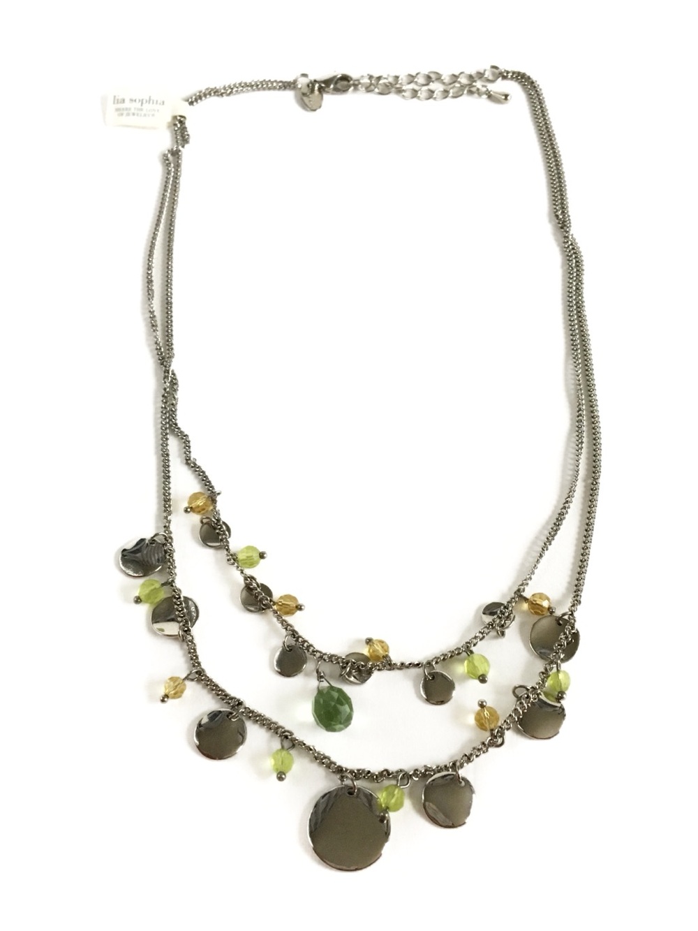 NWT Lia Sophia Silver Green Beaded Round Charm Layered Necklace